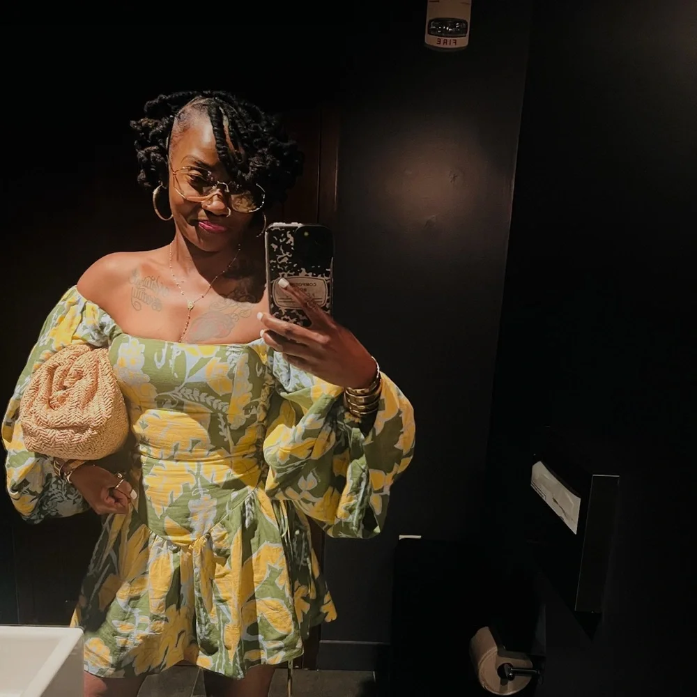 Farm Rio Yellow and Green Off-Shoulder Dress - Picture 1 of 3